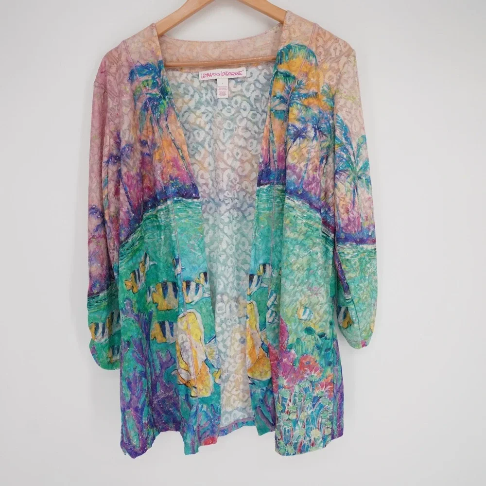 Leoma Lovegrove Open Cardigan Womens L Colorful Fish Print Casual Ruched Sleeve - Picture 11 of 12